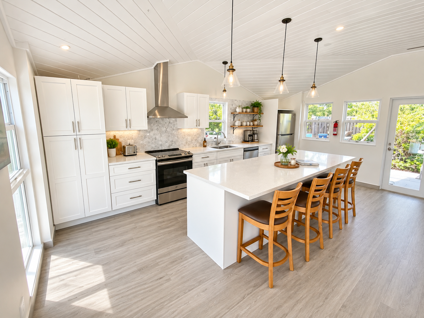 A spacious kitchen island perfect for entertaining, paired with a fully equipped kitchen featuring a full-size fridge, oven and stove, dishwasher, microwave, drip coffee maker, blender, toaster, and kettle. Everything you need to feel right at home.