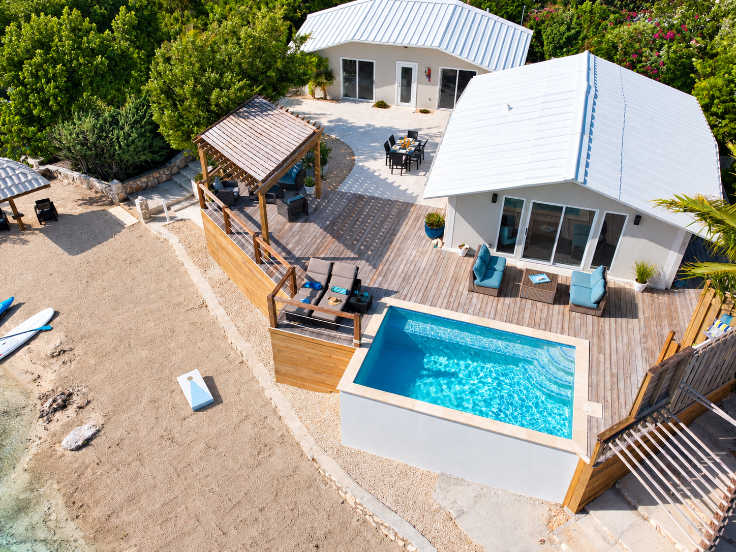 Enjoy a private pool with a bench overlooking the turquoise waters of Chalk Sound. Plenty of space for lounging & relaxing.The spacious deck and comfortable loungers create the perfect setting for swimming, soaking up the sun, and enjoying the view.